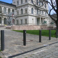 Static design bollards in painted steel and automatic bollard
