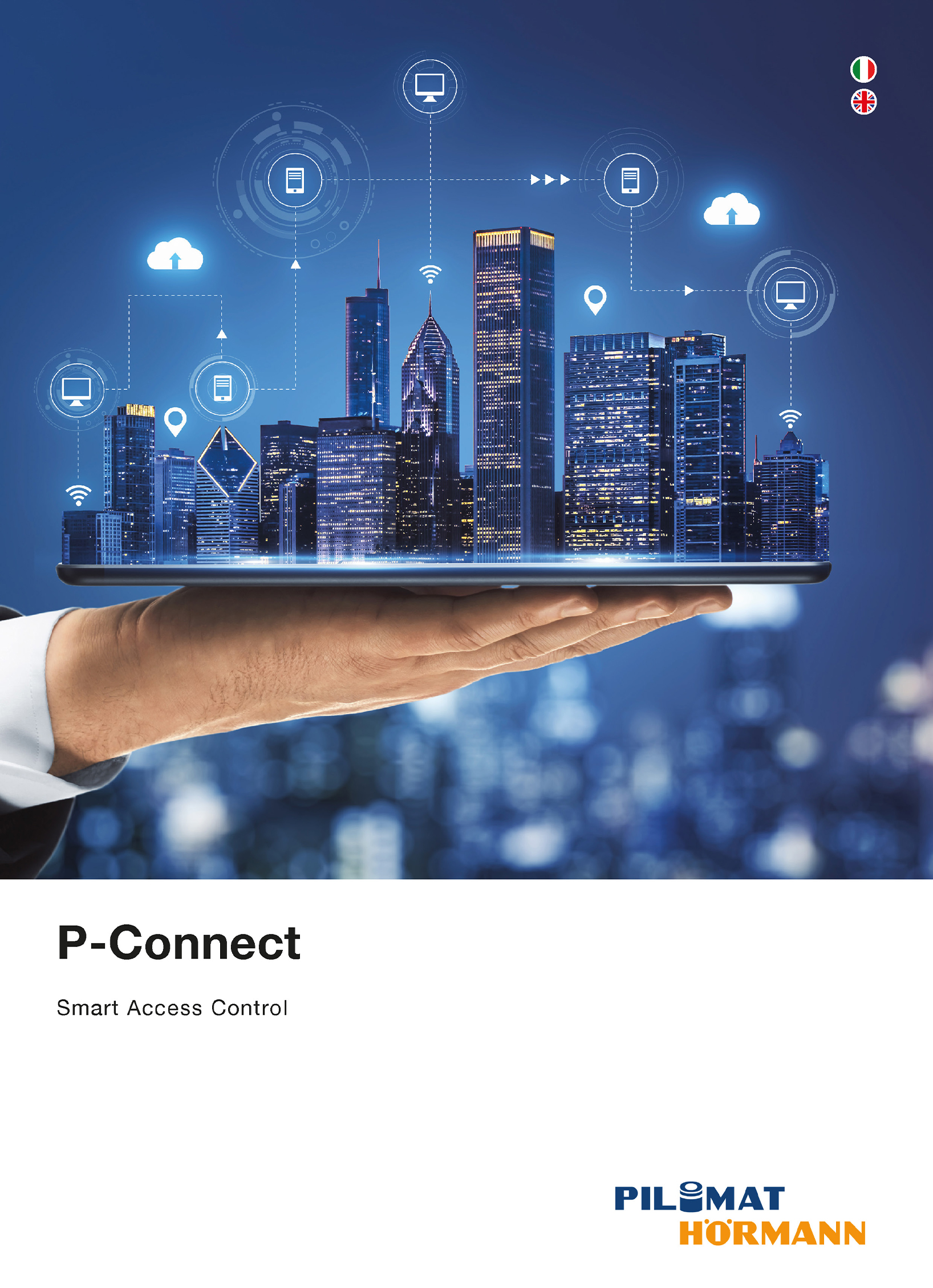 Copertina della brochure P-Connect, il sistema di controllo degli accessi da remoto che permette di azionare i dissuasori di traffico