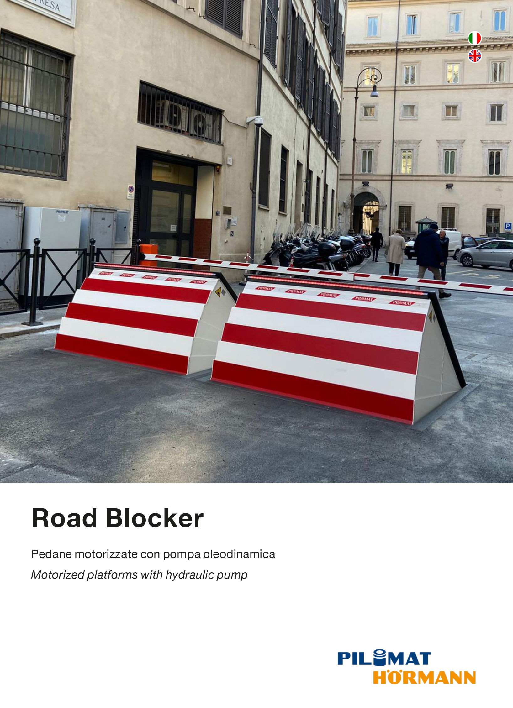 Copertina della brochure dei road blocker Pilomat, che mostra due pedane motorizzate che impediscono il transito ai veicoli non autorizzati