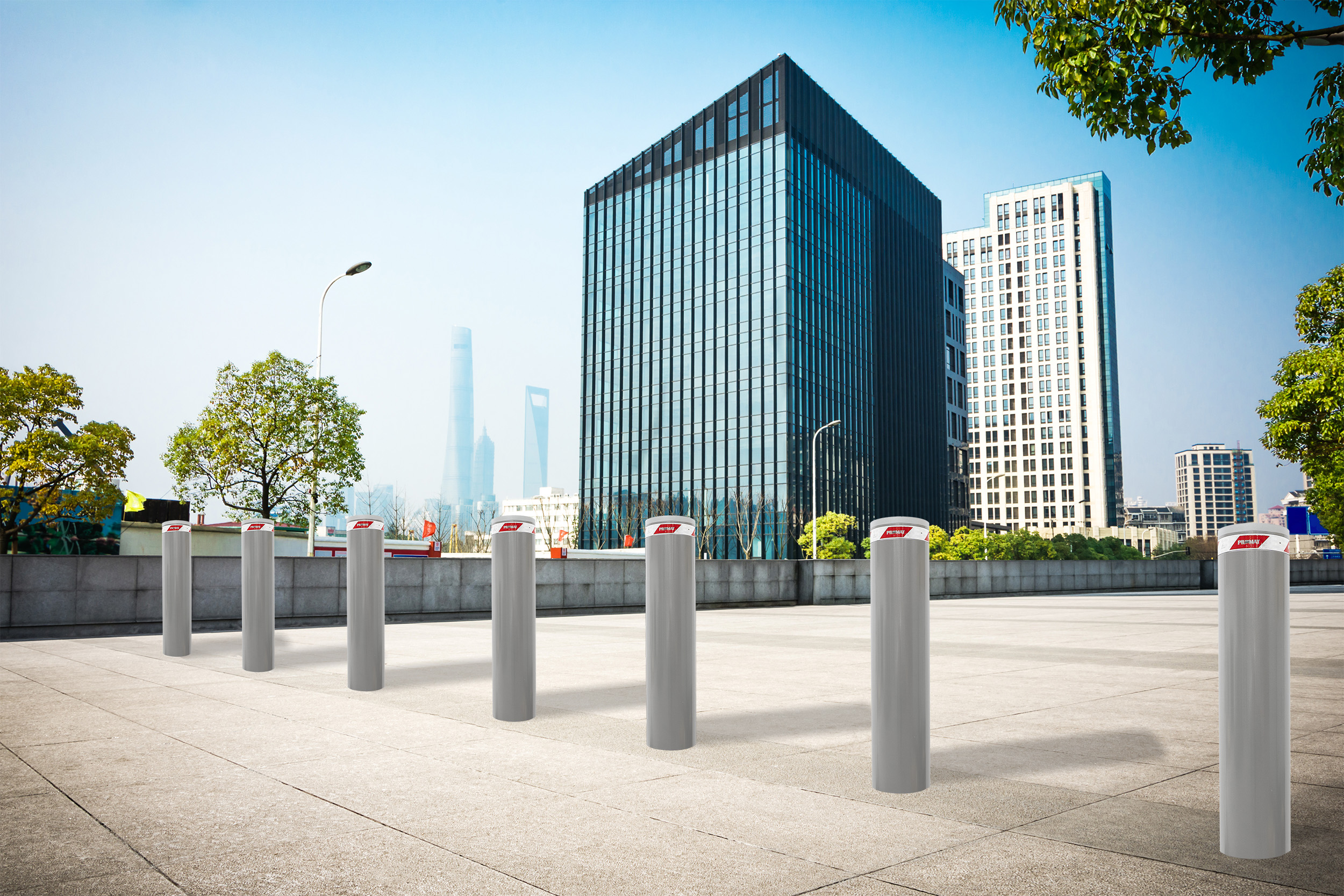 Image of several high security fixed bollards in a row, installed in the city center for protecting a pedestrian area
