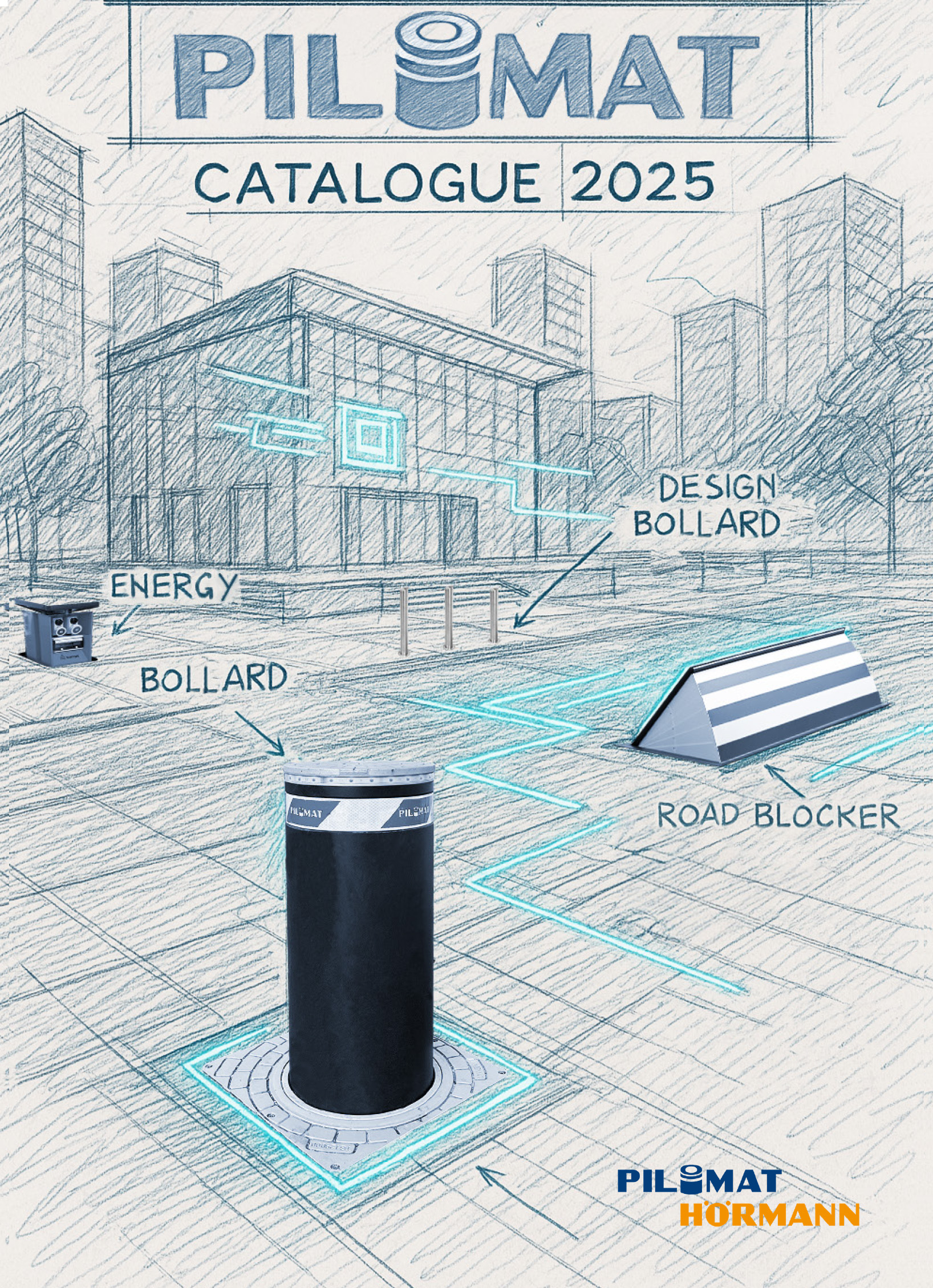 Coverpage of the Pilomat Brochure 2025, showing some of their security product in a urban context.