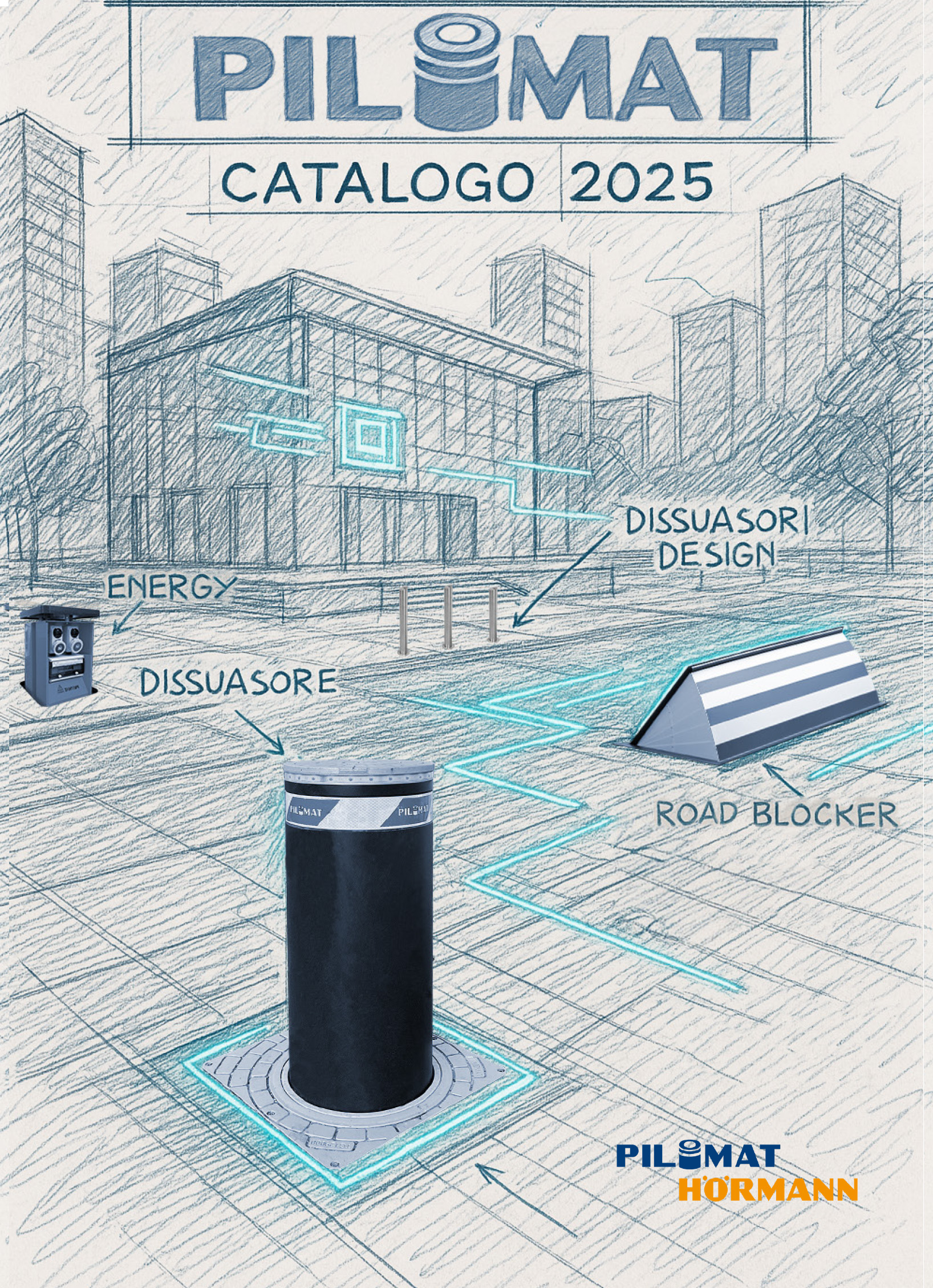 Copertina della brochure Pilomat 2025, che mostra alcuni dei prodotti di sicurezza in un contesto urbano.